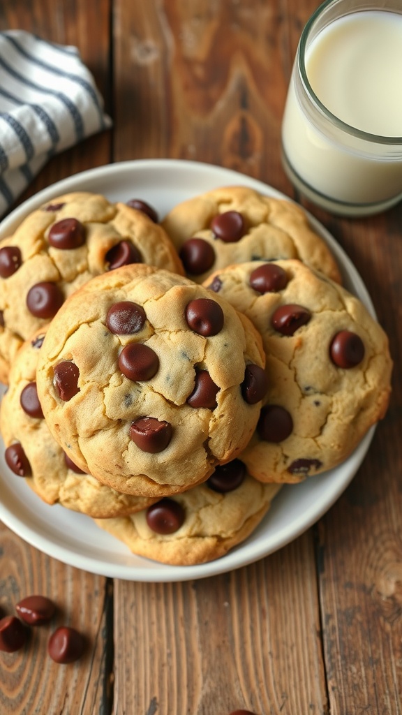 Golden brown chocolate chip cookies on a plate with melted chocolate chips, next to a glass of milk.